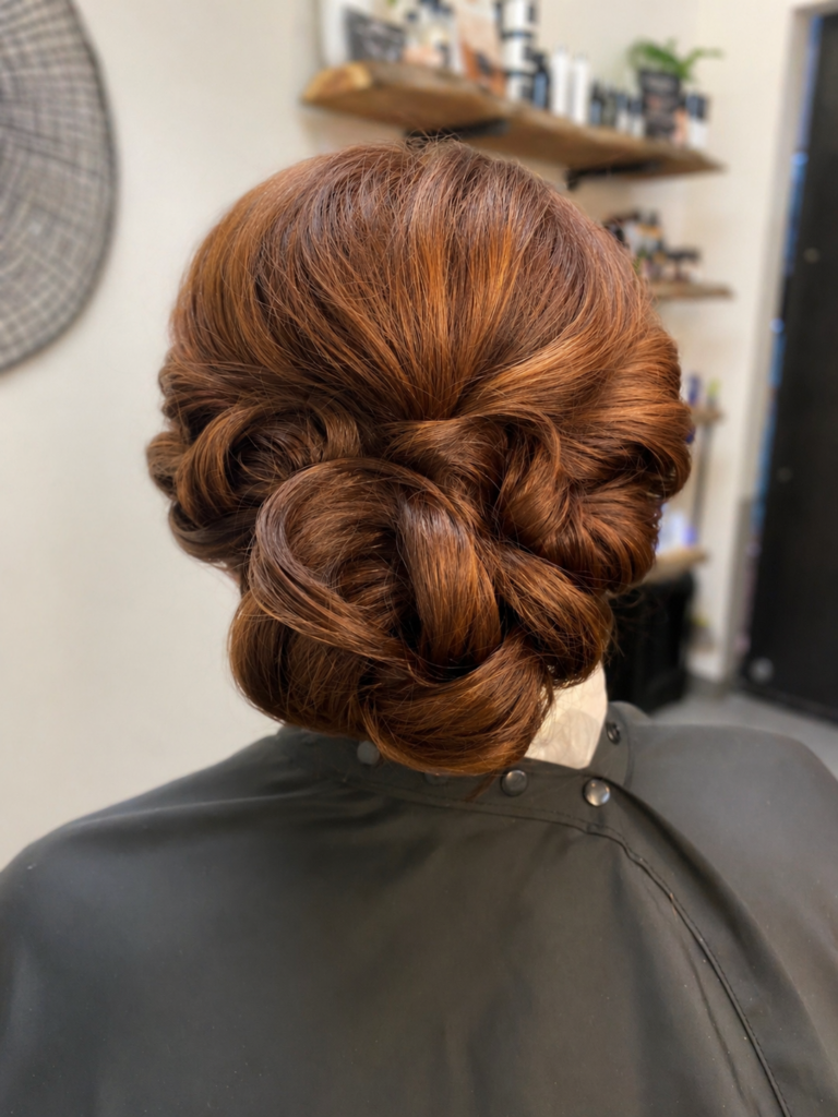 Elegant low braided bun updo with smooth finish and soft volume