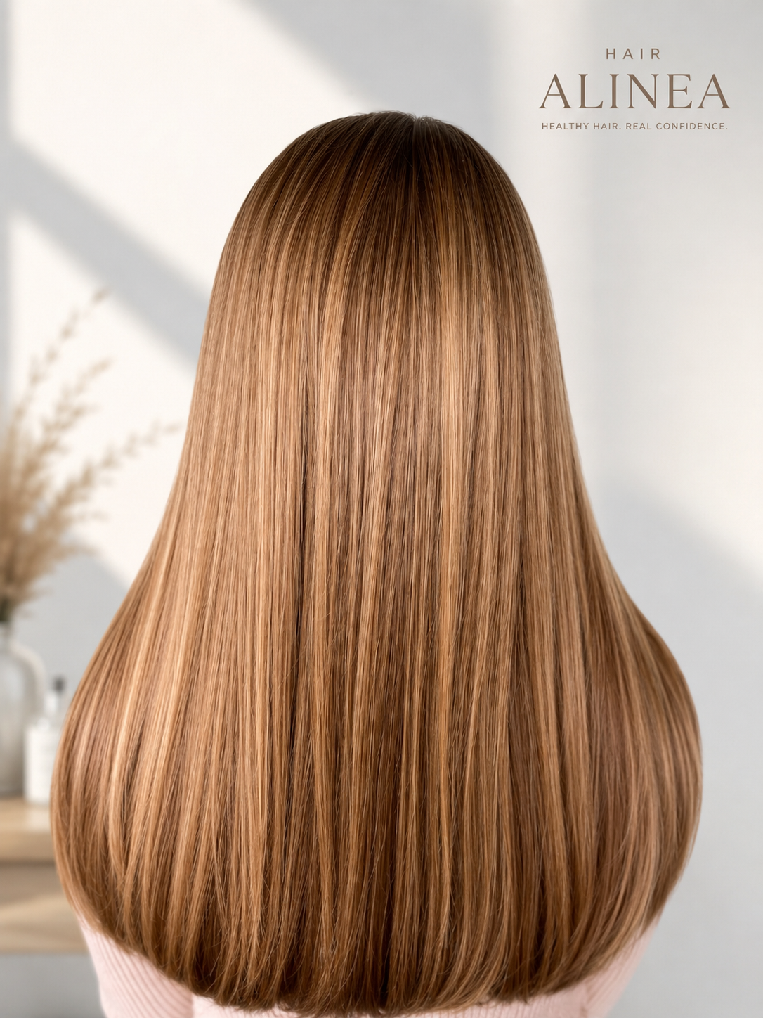 Healthy, glossy brunette hair with dimensional color and a precision cut, showcasing smooth, summer-ready shine.